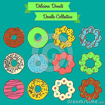 Delicious Donuts Doodle Collection Vector Illustration