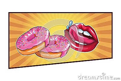 Delicious donuts and sexy lips pop art Vector Illustration