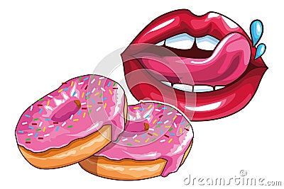 Delicious donuts and sexy lips Vector Illustration