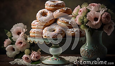 Delicious donuts with sugar glaze and sprinkles on vintage background Stock Photo