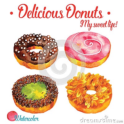 Delicious donuts in watercolor vector illustration set Vector Illustration
