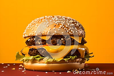 A delicious double beef cheeseburger sits on a wooden table Stock Photo