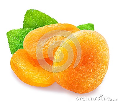 Delicious dried apricots and green apricot leaves. File contains clipping path Stock Photo