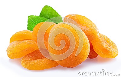 Delicious dried apricots and green apricot leaves. File contains clipping path Stock Photo