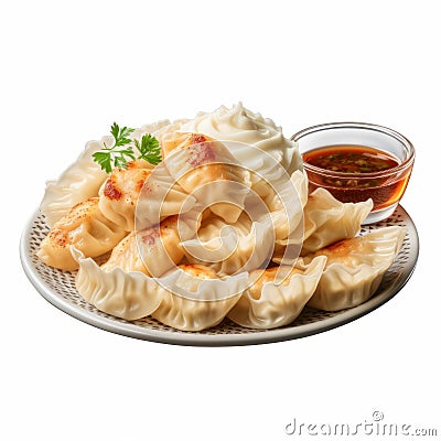 Delicious Dumplings With Dipping Sauce On A Plate Stock Photo