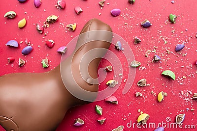 Delicious Easter chocolate bunny, eggs and sweets Stock Photo