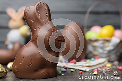 Delicious Easter chocolate bunny, eggs and sweets Stock Photo