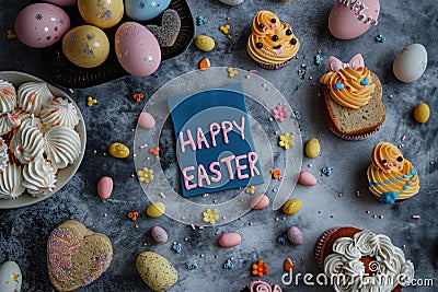 Delicious Easter Treats and Pastries on Dark Table with Happy Easter Card and Pastel Decorations Stock Photo
