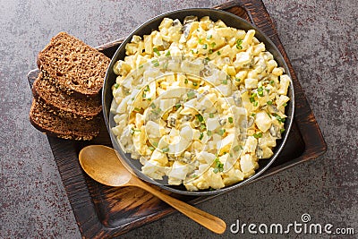 Delicious egg salad with apples and pickles seasoned with sauce close-up in a bowl. Horizontal top view Stock Photo