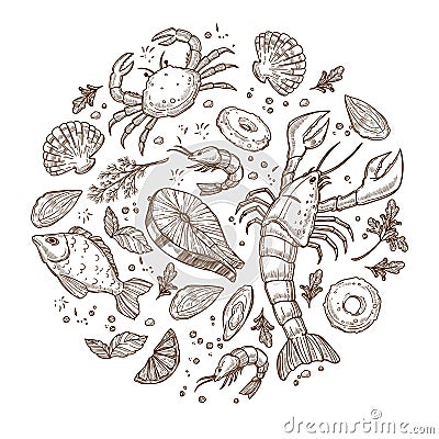 Delicious and exotic seafood in circle monochrome sketches Vector Illustration