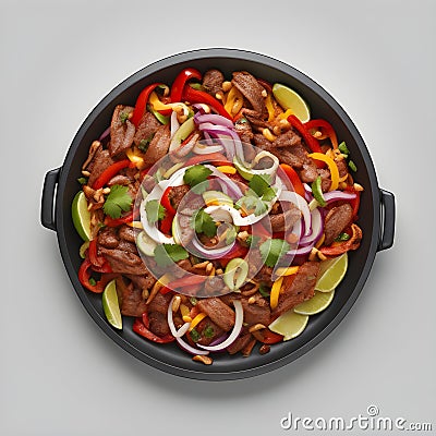 Delicious fajitas in a frying pan. Grey background. Top view. Stock Photo