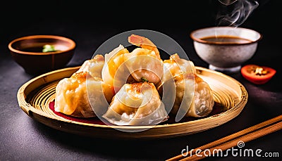 Translucent dumplings filled with succulent shrimp, often with bamboo shoots and water chestnuts. Stock Photo