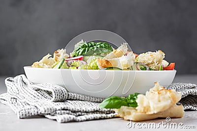 Delicious Fattoush or Arab salad with pita bread, fresh vegetables and basil on white plate. Middle Eastern bread salad Stock Photo