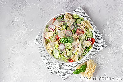 Delicious Fattoush or Arab salad with pita bread, fresh vegetables and basil on white plate. Middle Eastern bread salad. Top view Stock Photo