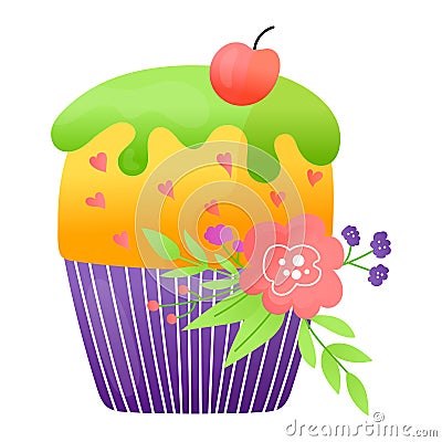 Delicious festive cupcake, celebration fruitcake holiday baking birthday party element isolated on white, flat vector Vector Illustration