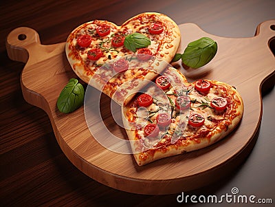 Delicious festive pizzas in the shape of heart, with vegetables, sausage and cheese, on a wooden board Stock Photo