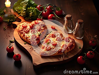 Delicious festive pizzas in the shape of heart, with vegetables, sausage and cheese, on a wooden board Stock Photo