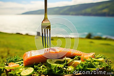 Delicious fillet salmon, cucumber, onion, green salad on green background. Stock Photo