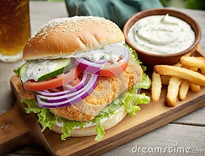 Delicious fish burger with a golden, crispy panko-breaded fish fillet, Stock Photo