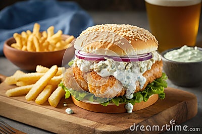 Delicious fish burger with a golden, crispy panko-breaded fish fillet, Stock Photo