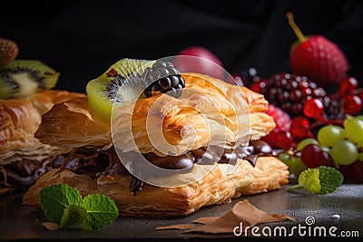 delicious flaky puff pastry filled with fruits, cream and chocolate Stock Photo