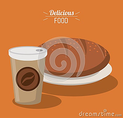 Delicious food bread whole paper coffee cup Vector Illustration