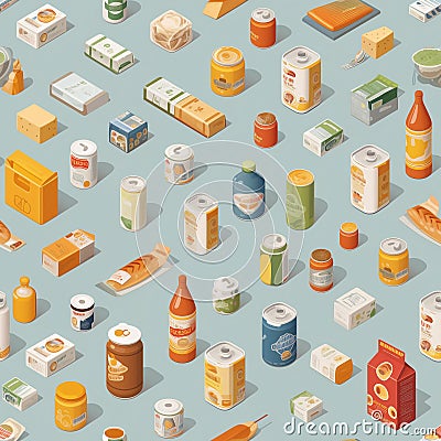 Food things cargo fmcg pattern on a light gray background,seamless pattern,plat illustration Cartoon Illustration