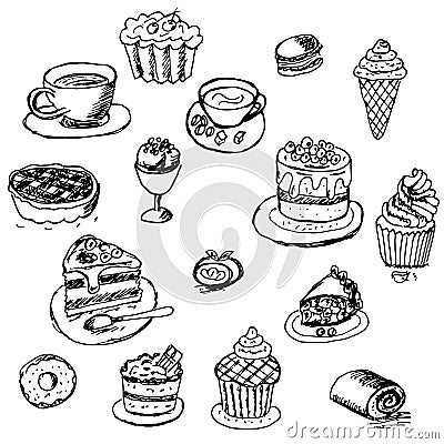 Delicious food sweets drinks badges with sweets from black outline Vector Illustration