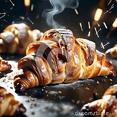 delicious French croissant is a flaky, buttery pastry with a golden brown crust and a soft, airy interior Stock Photo