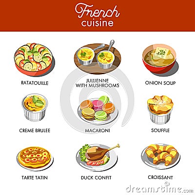 Delicious French cuisine with most famous exquisite dishes Vector Illustration