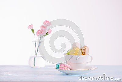 Delicious french dessert. Colorful pastel cake macaron or macaroon Stock Photo