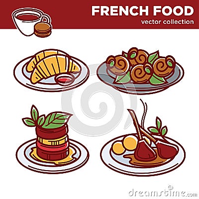 Delicious French food vector collection of authentic dishes Vector Illustration