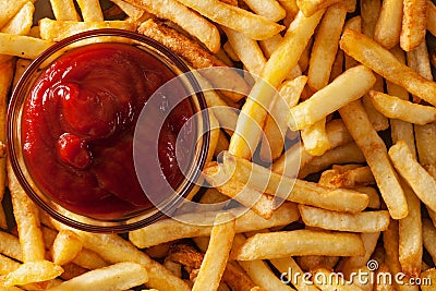 Delicious french fries and ketchup - top view Stock Photo