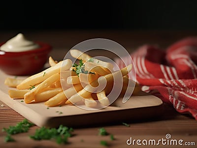 Delicious French Fries with Mayonnaise and Parsley for Garnish in a Wooden Placemat Stock Photo