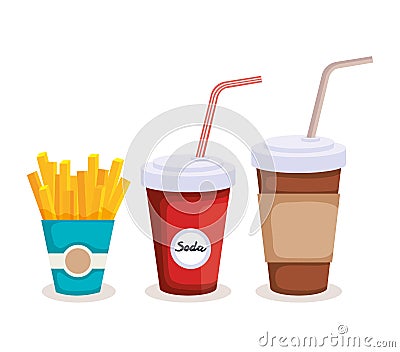 Delicious french fries with soda and coffee Vector Illustration