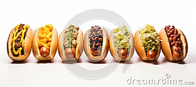 Delicious french hot dogs with various sauces, isolated on white background with space for text Stock Photo