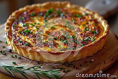 a delicious french quiche lorraine on a wooden plate Stock Photo