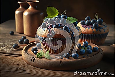 Delicious fresh blueberry muffins with mint leaves Stock Photo