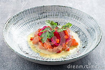 Delicious and fresh ceviche of salmon Stock Photo