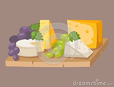 Delicious fresh cheese variety italian different dinner grape flat dairy food vector illustration. Vector Illustration