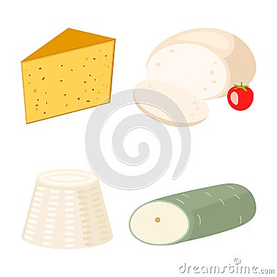 Delicious fresh cheese variety italian dinner icon flat dairy food and milk camembert piece different delicatessen gouda Vector Illustration