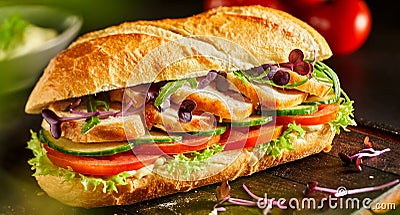 Delicious fresh chicken baguette with salad Stock Photo