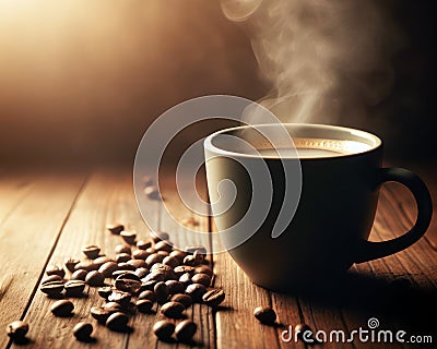delicious fresh coffee in the morning on a wooden table with coffee beans Stock Photo