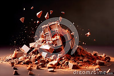 Delicious fresh dark brown chocolate fragments on brown background Stock Photo