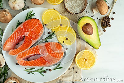 Delicious fresh fish steaks, salmon, trout. With vegetables, deli, vegan food, diet and Dotex Stock Photo