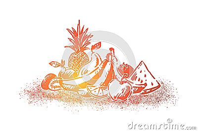 Delicious fresh fruits, ripe summer dessert, juicy apple, watermelon piece, pineapple, bananas, lemon slice Vector Illustration