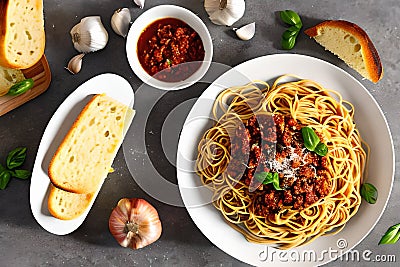 Delicious fresh homemade spaghetti bolognaise with salad and garlic bread Stock Photo