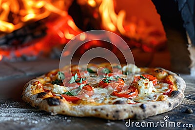 Delicious fresh Italian pizza lies near the oven, baked in a wood-burning oven Stock Photo