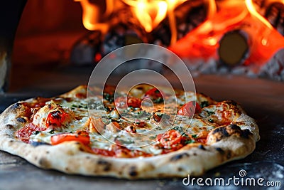 Delicious fresh Italian pizza lies near the oven, baked in a wood-burning oven Stock Photo