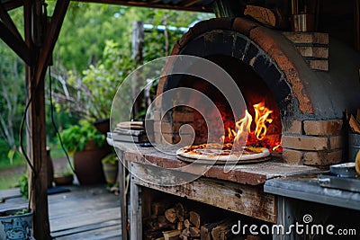 Delicious fresh Italian pizza lies near the oven, baked in a wood-burning oven Stock Photo